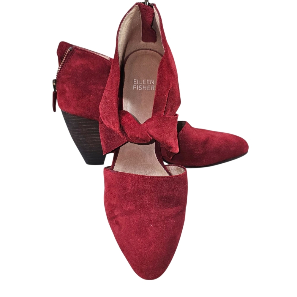 EIleen Fisher Mary Twist Front Red Suede Heels In 7